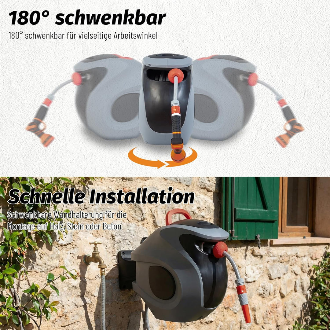 Gardena Wand-Schlauchbox RollUp 30 m – 180° Schwenkbare Schlauchtrommel, Flexible Bewässerung für Gr