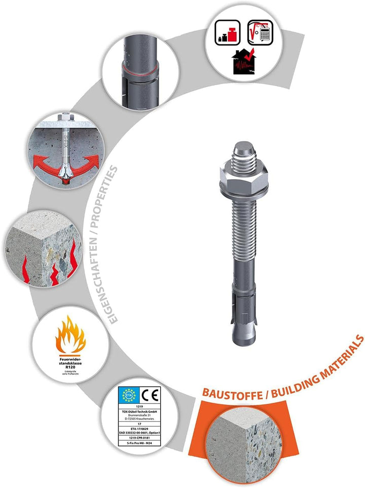 TOX Bolzenanker S-Fix Pro M10 x 135/55 mm 25 Stück 04010219 verzinkt M10 x 135/55 mm Für gerissenen