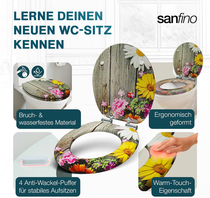 SANFINO® Premium WC Sitz mit Absenkautomatik – hochwertige Toilettendeckel aus Holz, viele bunte Mot