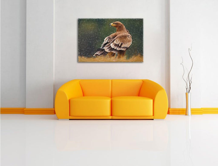 Pixxprint Einsamer Falke mit braunem Gefieder Kunst Buntstift Effekt, Format: 100x70 auf Leinwand, X