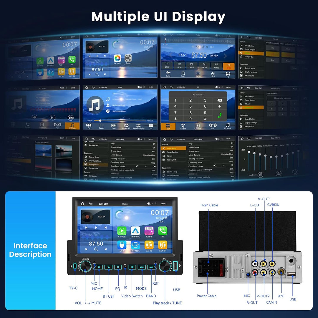 Hikity 1 Din Autoradio Carplay Android Auto Kabelgebundenes 7 Zoll Incell Touchscreen Bildschirm mit
