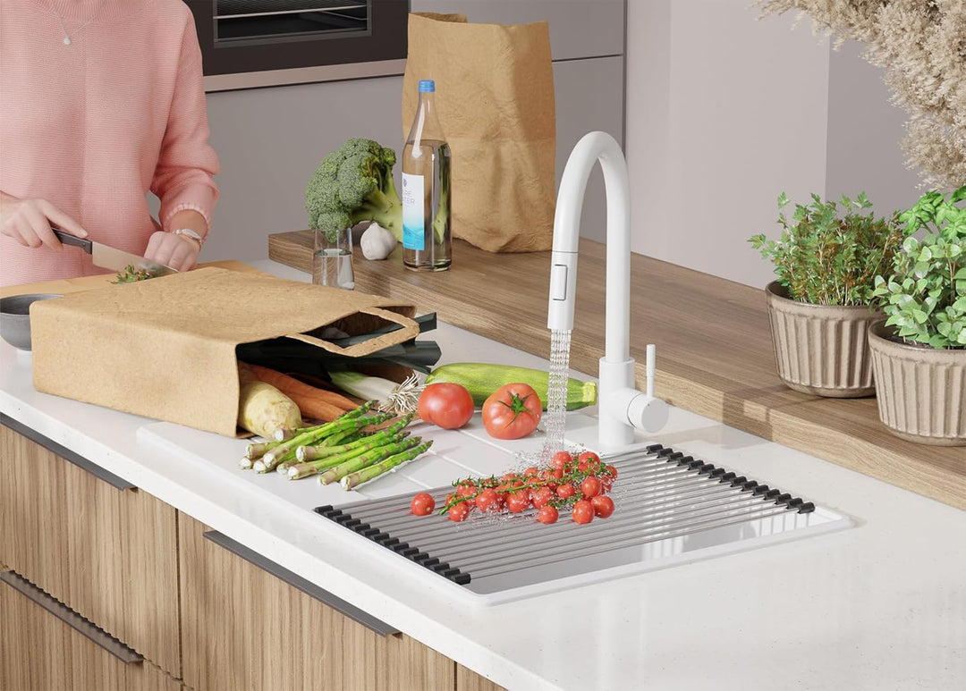Granitspüle Weiss 78x50 cm, Spülbecken + Ablauf-Set + Küchenarmatur 9000, Küchenspüle für 45er Unter