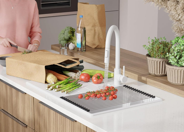 Granitspüle Weiss 78x50 cm, Spülbecken + Ablauf-Set + Küchenarmatur 9000, Küchenspüle für 45er Unter