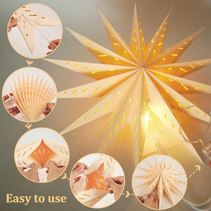 SUNBEAUTY 3 Stück Papierstern Lampenschirm 45cm Hellbraun Original Holzfarbe Weiss Faltsterne Dekora