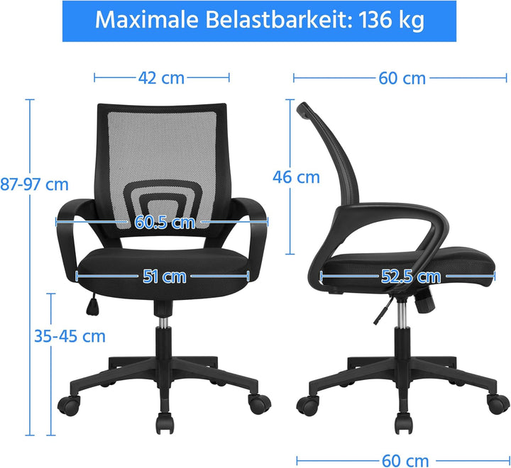 Yaheetech Bürostuhl ergonomischer Schreibtischstuhl Drehstuhl mit Rollen Chefsessel mit Mesh 360°dre