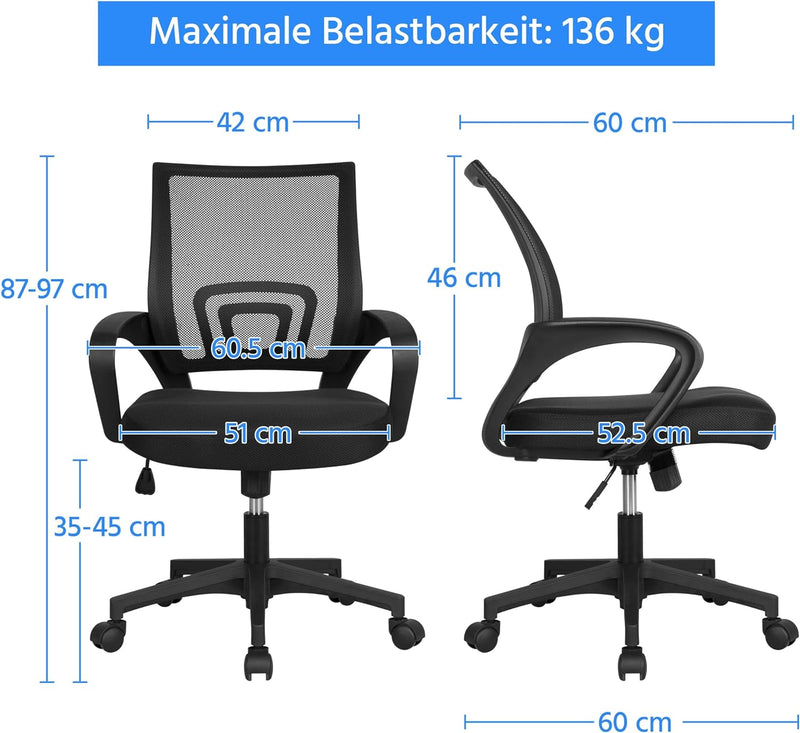 Yaheetech Bürostuhl ergonomischer Schreibtischstuhl Drehstuhl mit Rollen Chefsessel mit Mesh 360°dre