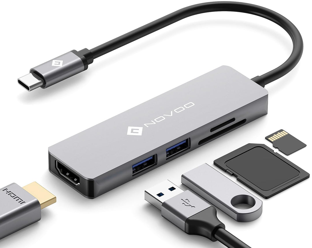 NOVOO USB C Hub (5 in 1) Aluminium mit HDMI 4K Adapter, USB 3.0 Anschlüsse, 1 SD und 1 microSD Karte