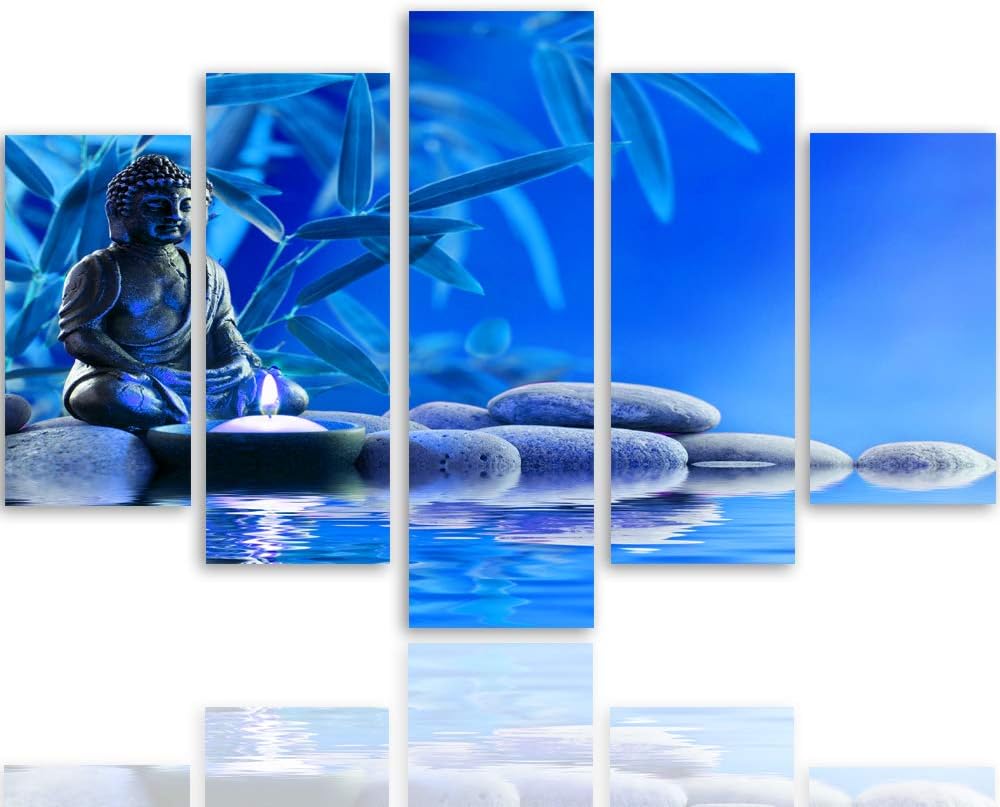 Feeby Leinwandbild Buddha 5 TLG Bild Kunstdruck Wasser Steine Blätter blau 100x70 cm Leinwandbild 10