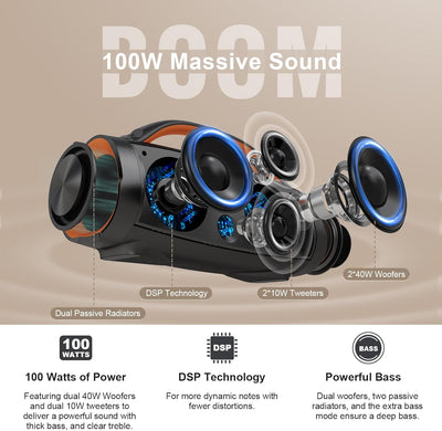 DOSS Extreme Boom+ Bluetooth Lautsprecher Draussen mit Wasserdichter IP67, 100W Stereo Sound, 10400m