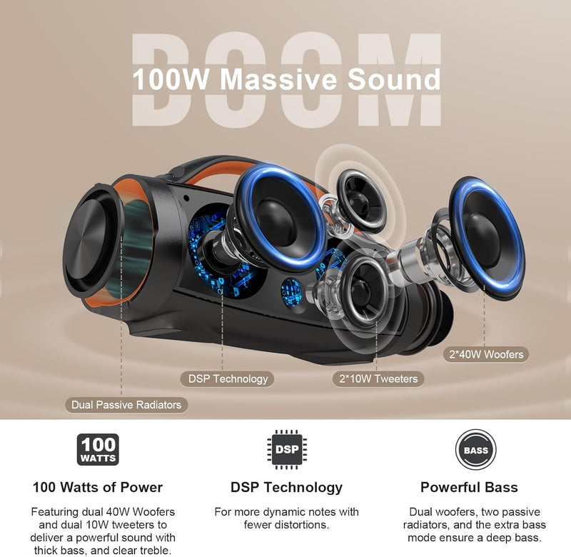 DOSS Extreme Boom+ Bluetooth Lautsprecher Draussen mit Wasserdichter IP67, 100W Stereo Sound, 10400m