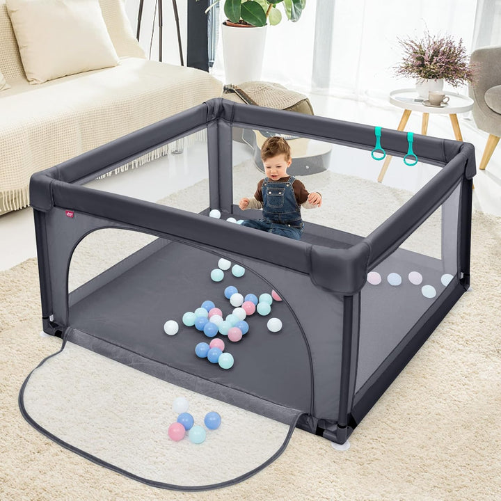 DREAMADE 120 x 120 cm Laufstall Baby, Laufgitter mit 50 Spielbällen & 2 Zugring, Schutzgitter mit At