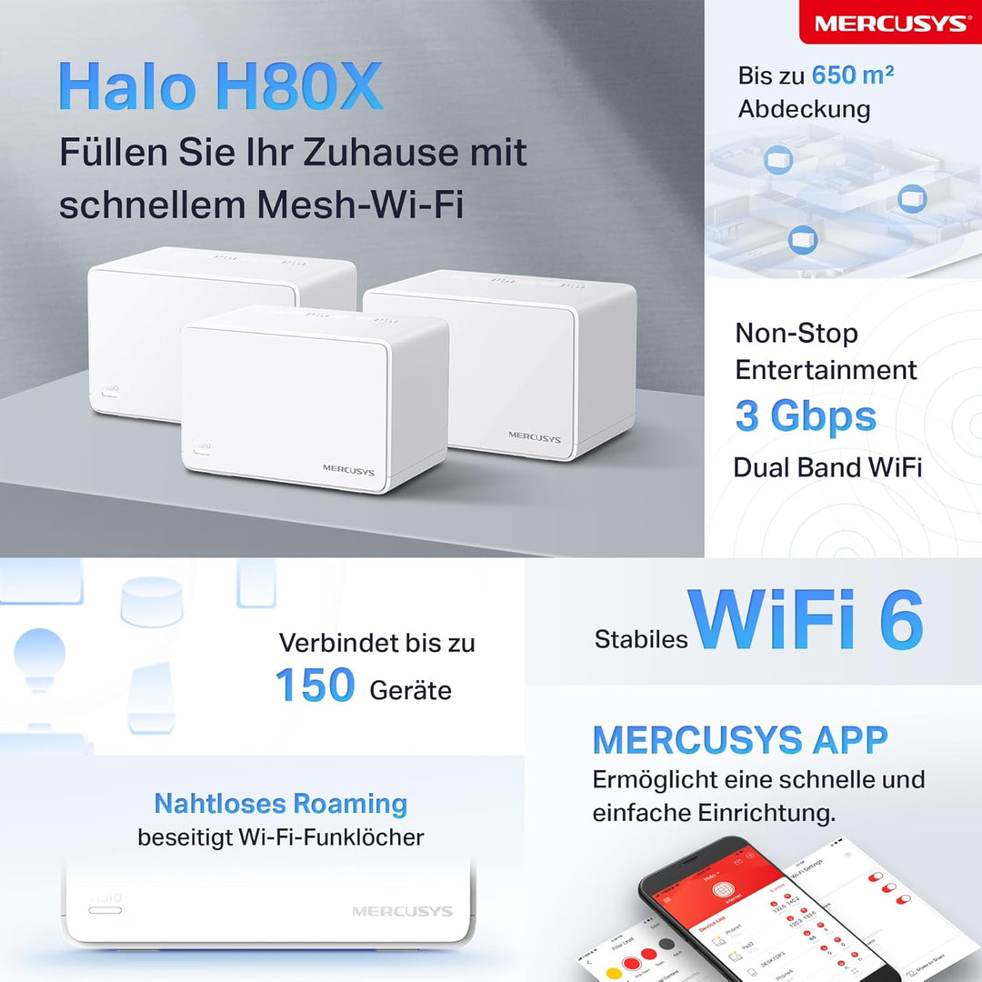 Mercusys Halo H3000X Mesh-WLAN-Set (3er-Pack), Wi-Fi 6 AX3000 Dualband-Router & Repeater, 3 × Gigabi