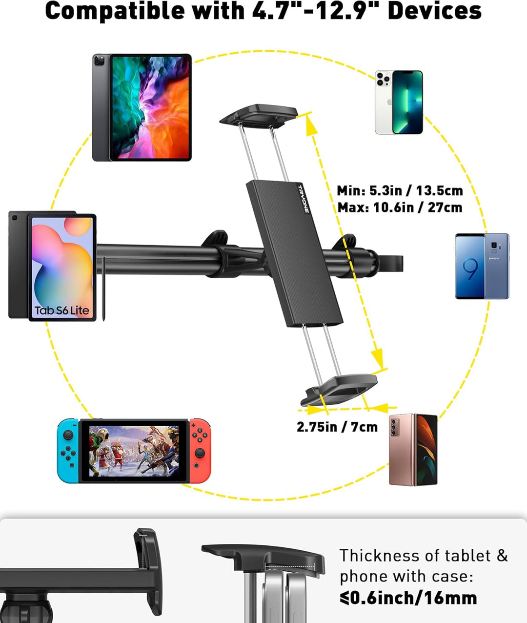 TRYONE Tablet Halterung Auto Mitte, Tablet Kopfstützenhalter - Universal verstellbare KFZ Tablet Hal