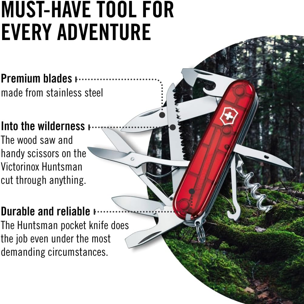 Victorinox Schweizer Taschenmesser Huntsman, Swiss Army Knife, Multitool, 15 Funktionen, Klinge, Kor