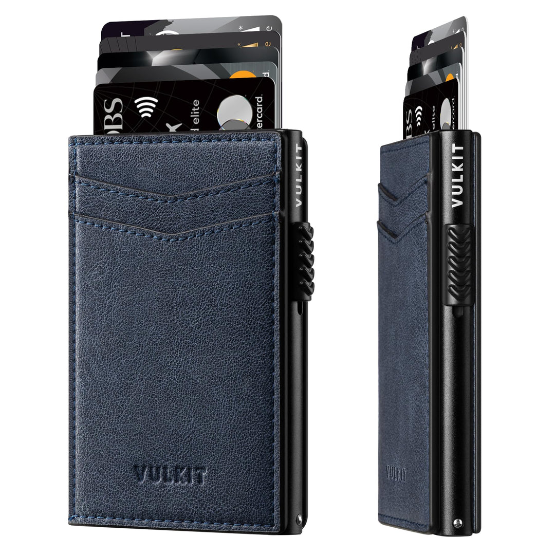VULKIT Kreditkartenetui Leder Kartenetui RFID Blocking Automatische Pop Up Visitenkartenetui für Kar