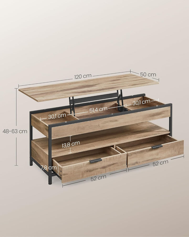VASAGLE Couchtisch, höhenverstellbarer Wohnzimmertisch, Kaffeetisch, mit Schubladen, offenes Fach, 5
