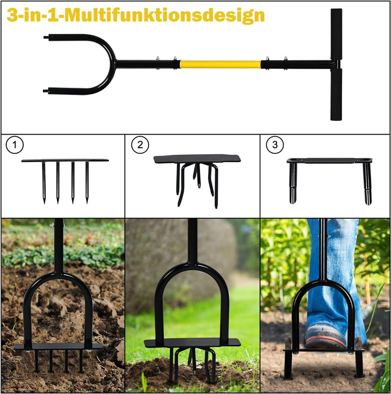 XMTECH 3 in 1 Gartengeräte mit Stiel, Rasenbelüfter Rasenlüfter, Gartenkralle Twist, Manuelle Bodenk