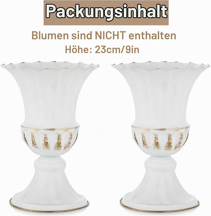 Sziqiqi Vase Weiss Metal für Hochzeit: 23cm Hoch Kleine Urne Vasen für Tischdeko - Blumentopf Golden