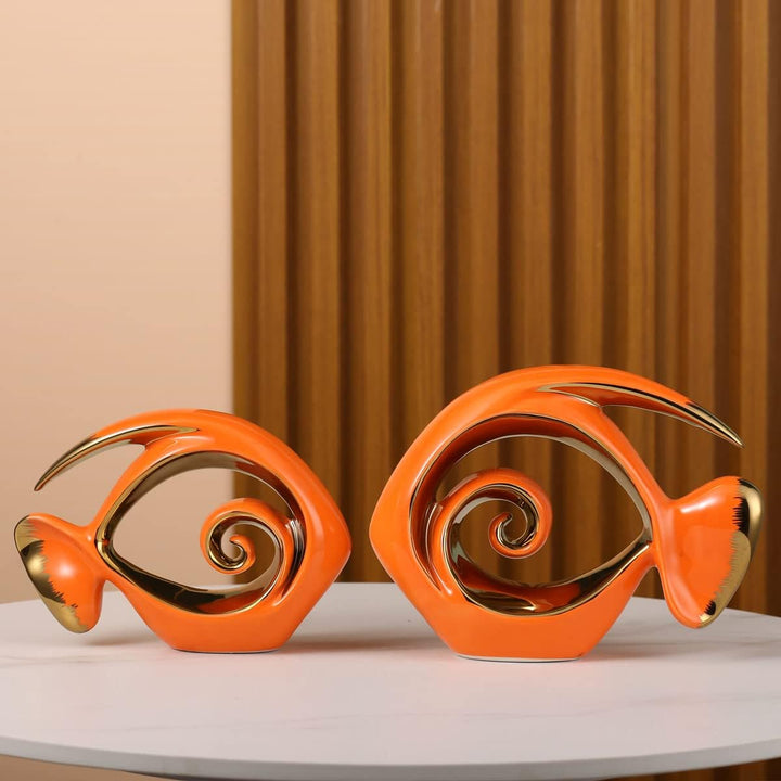 Orange Gold Keramik Fisch Figuren – Küste Wohnkultur, moderne Ozean Mittelstücke für Wohnzimmer, Ess