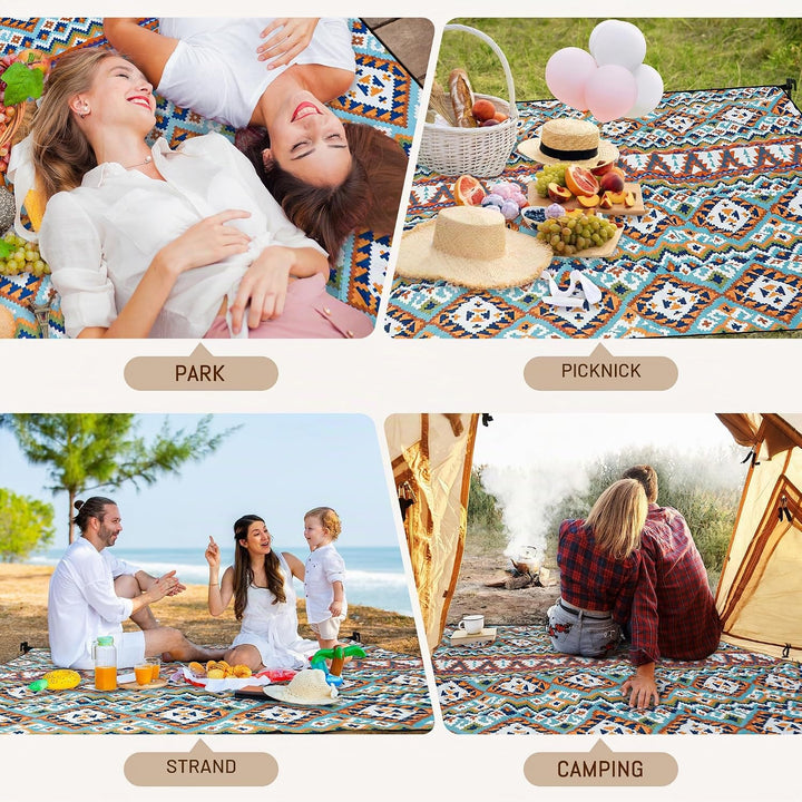 Gucass Boho Picknickdecke 200x200cm, Wasserdicht Stranddecke Sandfrei Strandmatte mit Tragegurt &amp; 4X