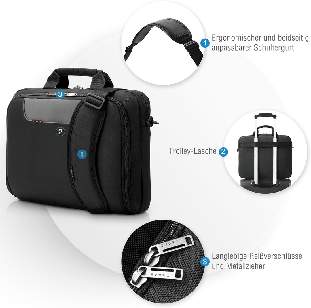Everki Advance Laptoptasche, Schwarz, 3-fach, Minimal, Wasserdicht, Unisex-Erwachsene, Handtasche 14