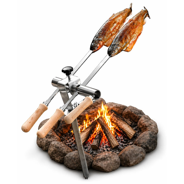 Premium Steckerlfisch Halter für Lagerfeuer - Platz für 2 Fische - Fisch Grill Spiesshalter für offe