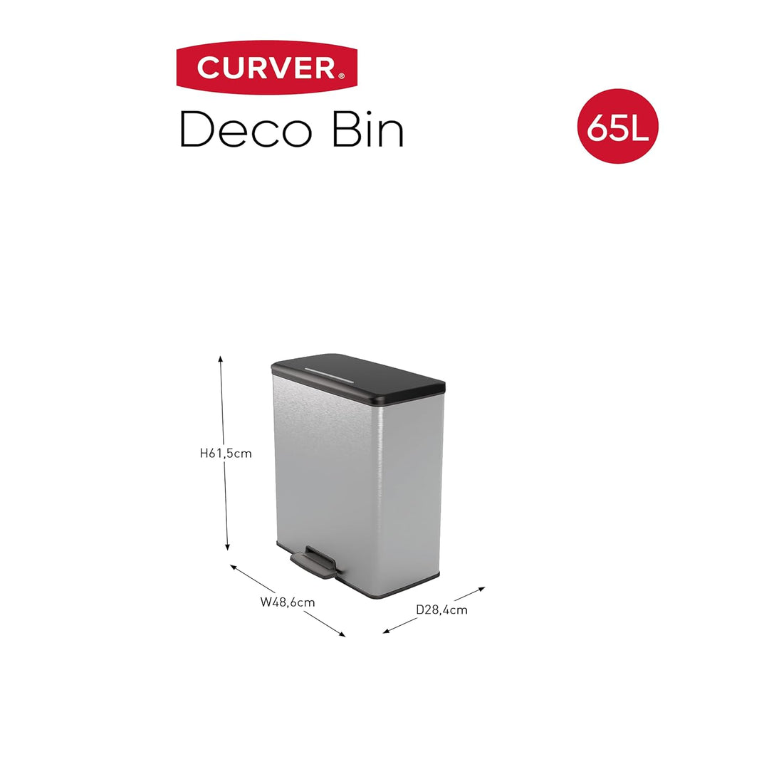 CURVER DECO BIN Mülleimer, Kunststoff, Silber metallic, 65L, Silber metallic