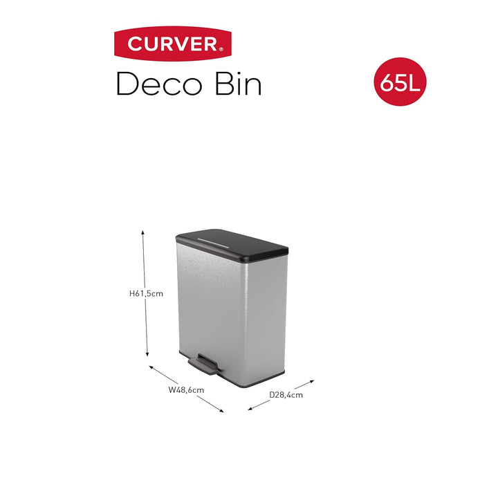 CURVER DECO BIN Mülleimer, Kunststoff, Silber metallic, 65L, Silber metallic