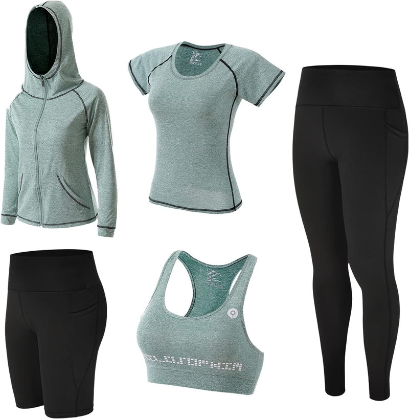 ZETIY 5 Stück Damen Fitness Trainingsanzug Yoga Set, Sportbekleidung Pilates Sportbekleidung Tennisb