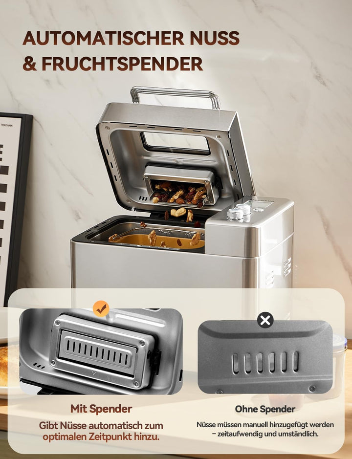 Neretva Brotbackautomat, 17 Programme&1KG Kapazität Brotbackautomaten mit Auto Nuss&Fruchtspender, A