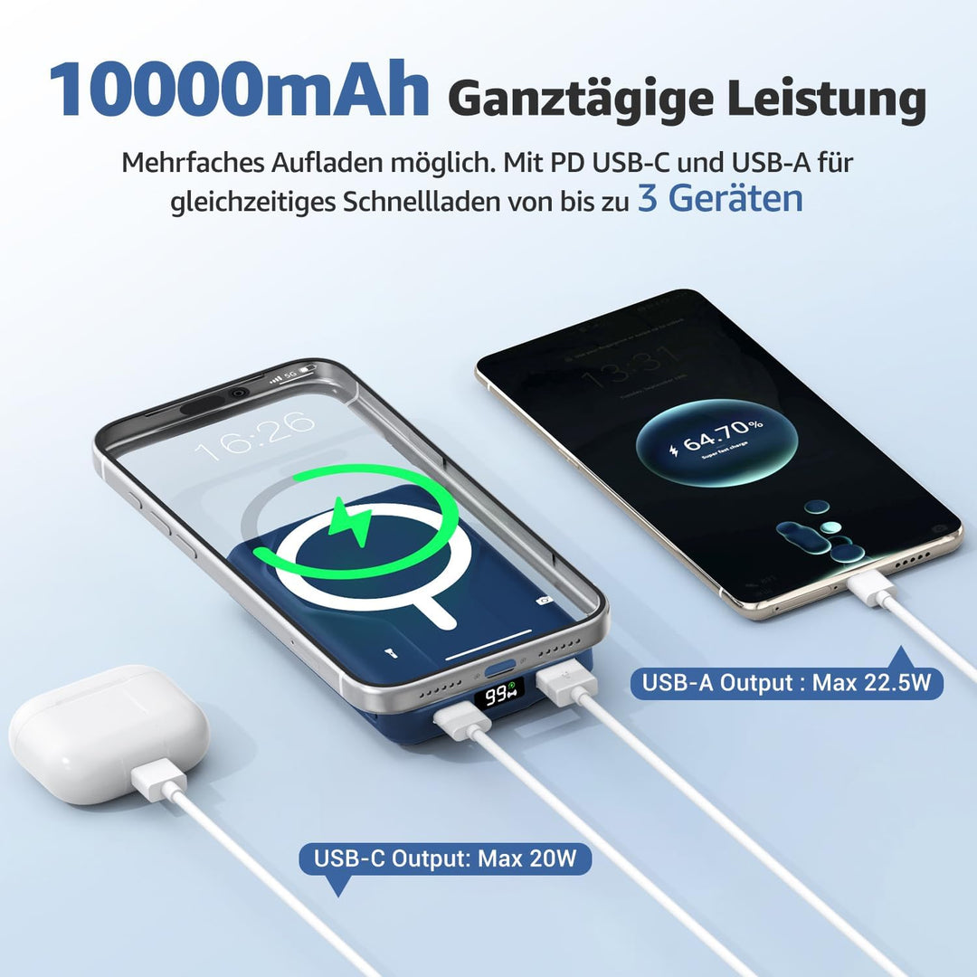 Magnetische Wireless Powerbank 10000mAh, Kompatibel mit MagSafe, Tragbare 15W Kabelloses Schnelllade