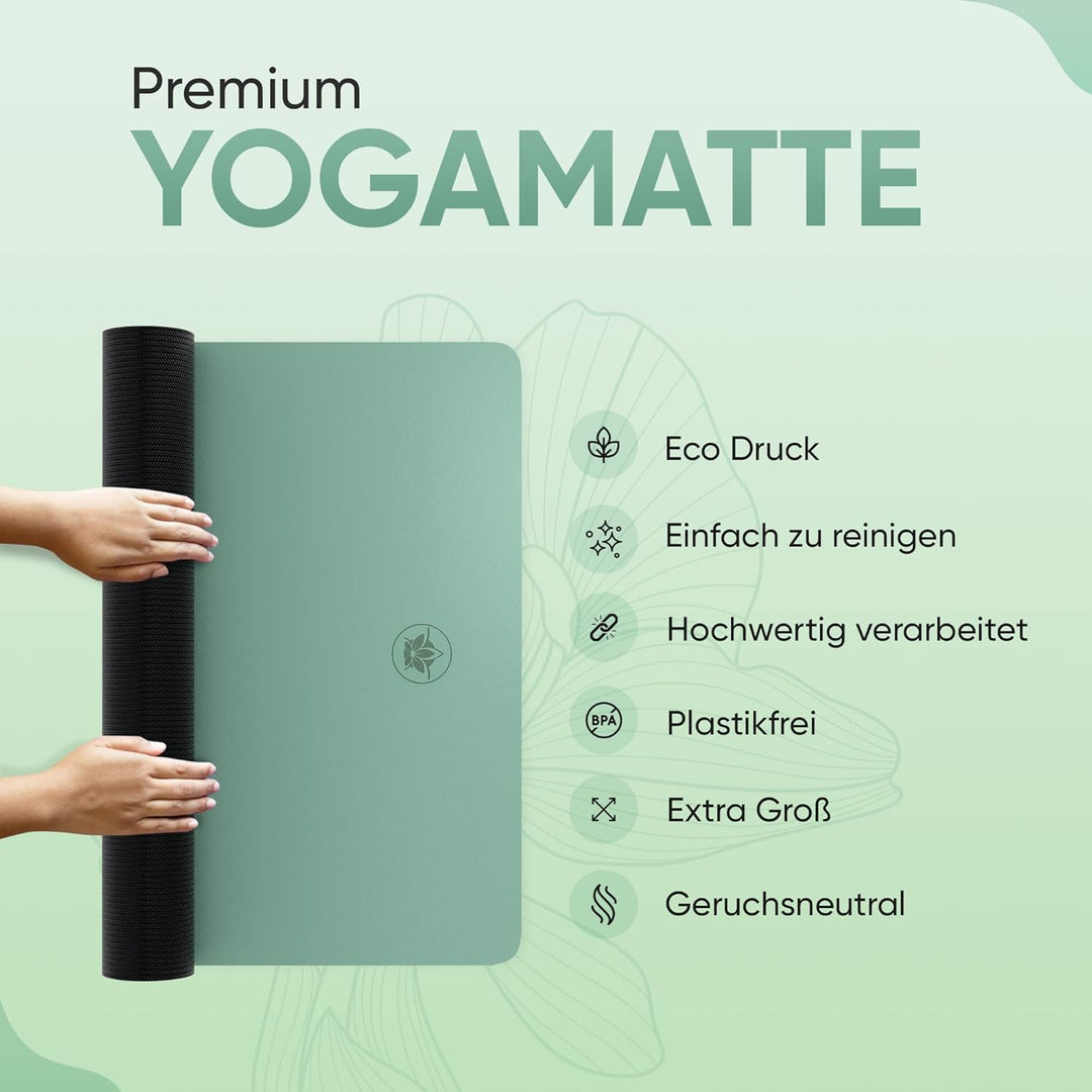 YOGALABS® - Premium Yoga-Matte STUDIO 185 x 68 x 0,4cm (extra gross) inkl. Gurt aus ECO PU & Naturka