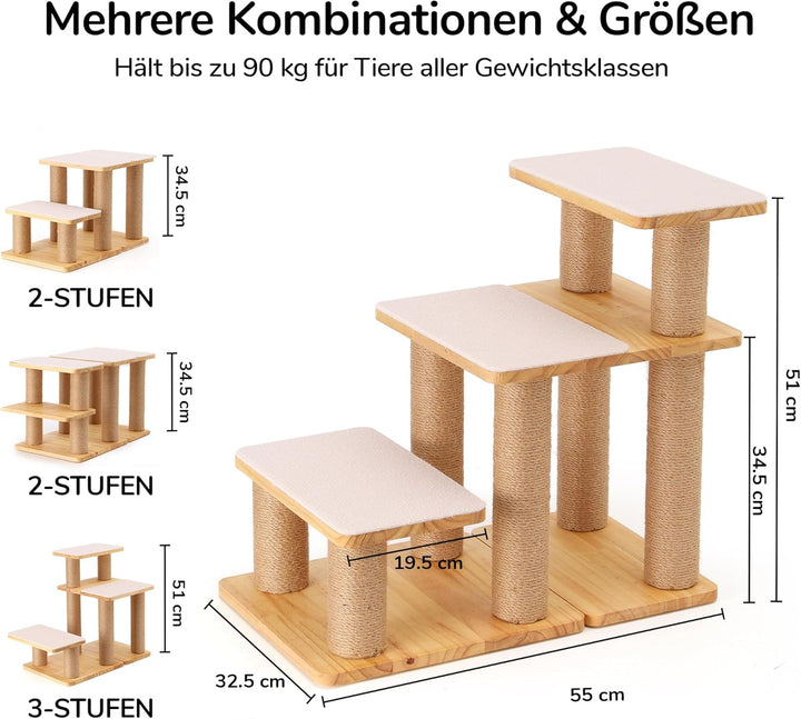 FUKUMARU Hundetreppe, 3 Stufen Haustiertreppe, Katzentreppe aus Kiefernholz und Jute，18-51cm einstel