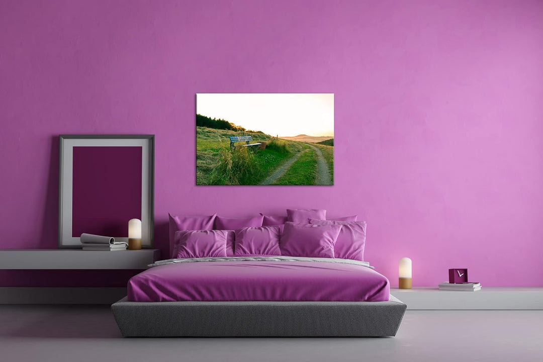 deyoli ruhige Bank am Feldweg Format: 100x70 als Leinwandbild, Motiv fertig gerahmt auf Echtholzrahm