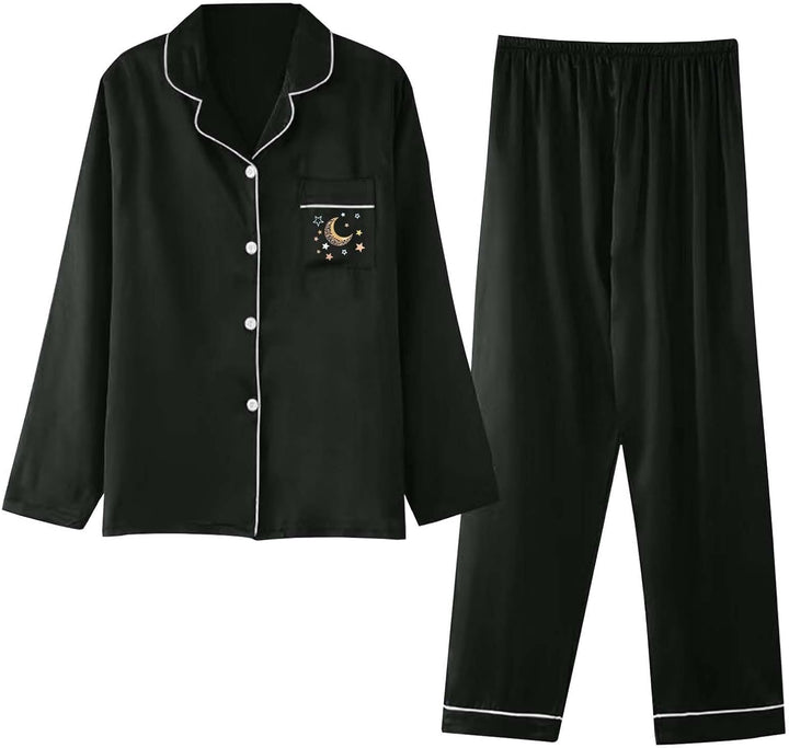 Damen Pyjama Satin Schlafanzug Set,Damen Seidensatin Pyjama Set 2Pcs Langarmhose Chinesischer Stil N