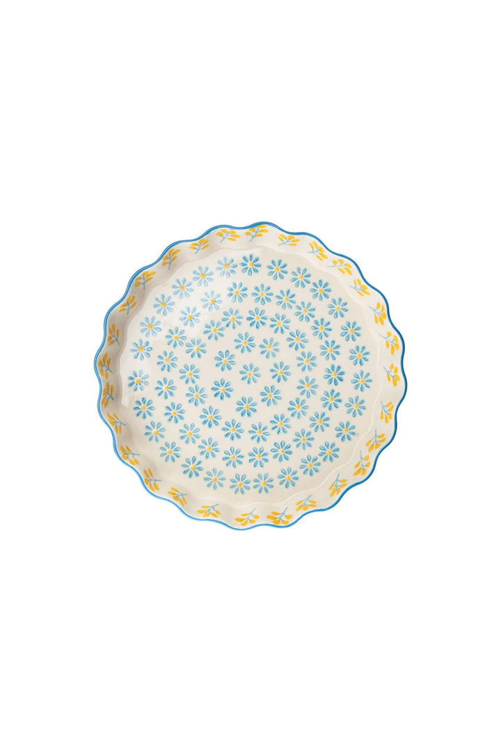 Tranquillo Quicheform aus Steinzeug mit handgestempeltem Print Floral blau/gelb, 22 x 22 x 4 cm