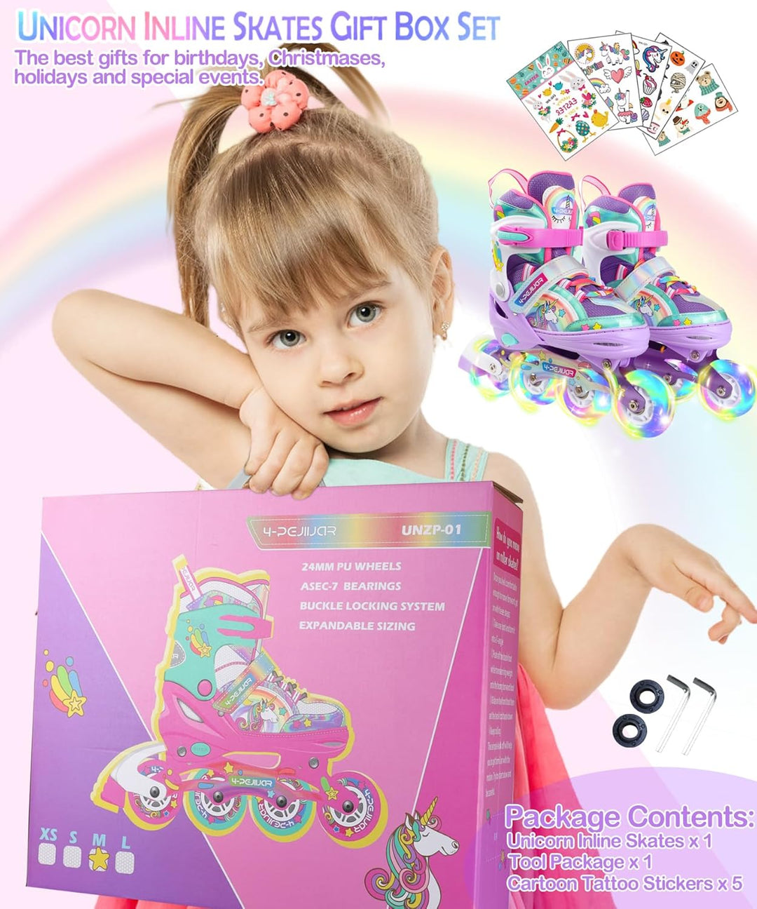 Einhorn Inliner für Mädchen Kinder Grössen Verstellbar Regenbogen Inline Skates für Anfänger Teenage