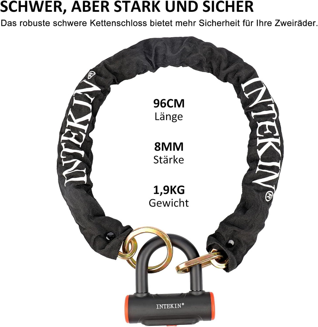 INTEKIN Fahrrad Kettenschloss aus 8mm gehärtetem Stahl, 96cm lang Motorradschloss/Fahrradschloss Ket
