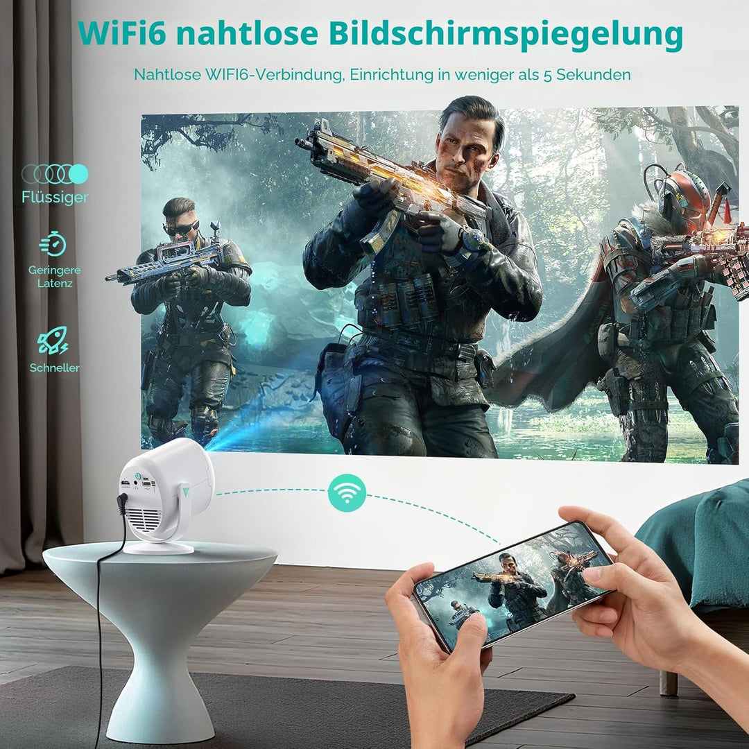 Mini Beamer, 1080P Projektor Tragbarer, 4K Mini Tragbarer Beamer mit WiFi 6 und Bluetooth 5.4, 270°D