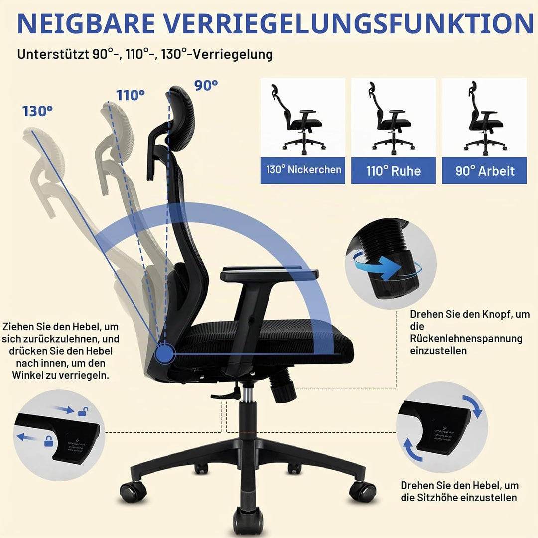 Milacyee Bürostuhl, Bürostuhl Ergonomisch, Schreibtischstuhl mit Kopfstütze, Armlehnen, Lendenwirbel