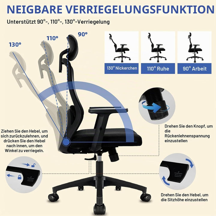 Milacyee Bürostuhl, Bürostuhl Ergonomisch, Schreibtischstuhl mit Kopfstütze, Armlehnen, Lendenwirbel