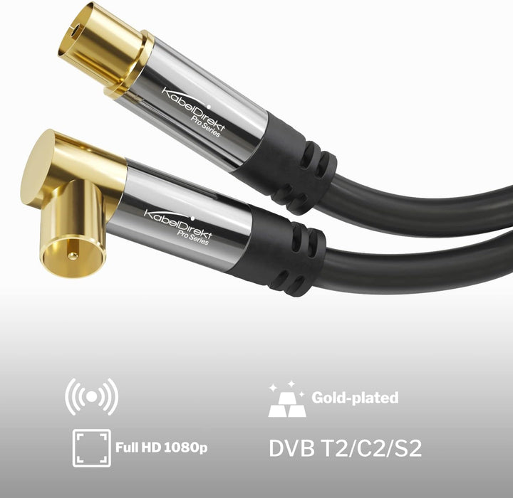 KabelDirekt – 4K Antennenkabel, Koaxialkabel, TV Kabel 90° gewinkelt/gerade – 10m – In Deutschland e