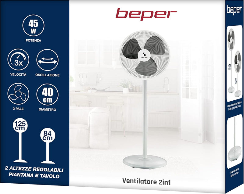 BEPER P206VEN152 Stand- und Tischventilator, 2 Höhen in 1 - Low-Power-Ventilator 2in1, 2in1