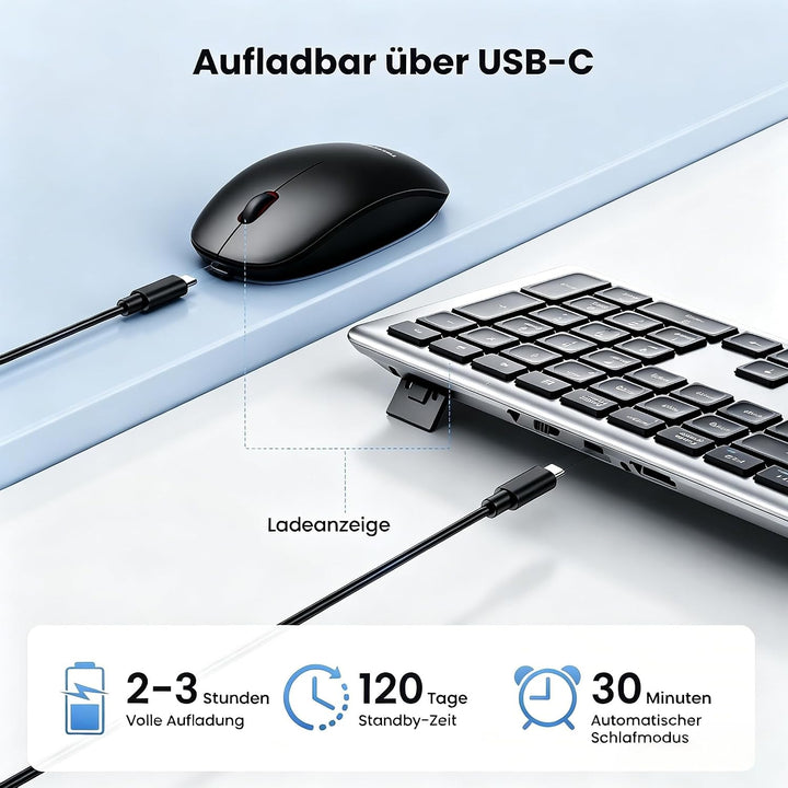 TECKNET Tastatur Maus Set Kabellos, 2.4G Wiederaufladbare Maus und Tastatur | Fullsize Deutsch QWERT