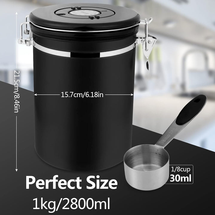 ZWOOS Kaffeedose Luftdicht 1kg - Kaffeebohnen Behälter aus Edelstahl mit CO2-Ventil - mit Messlöffel