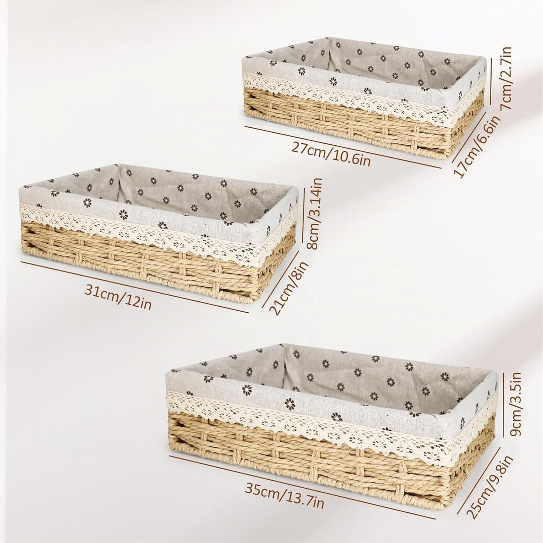 Gross Brotkorb 3er Set (35,31,27CM) Eckige Brotkörbchen aus Seegras, Geflochtener Korb mit Baumwolle