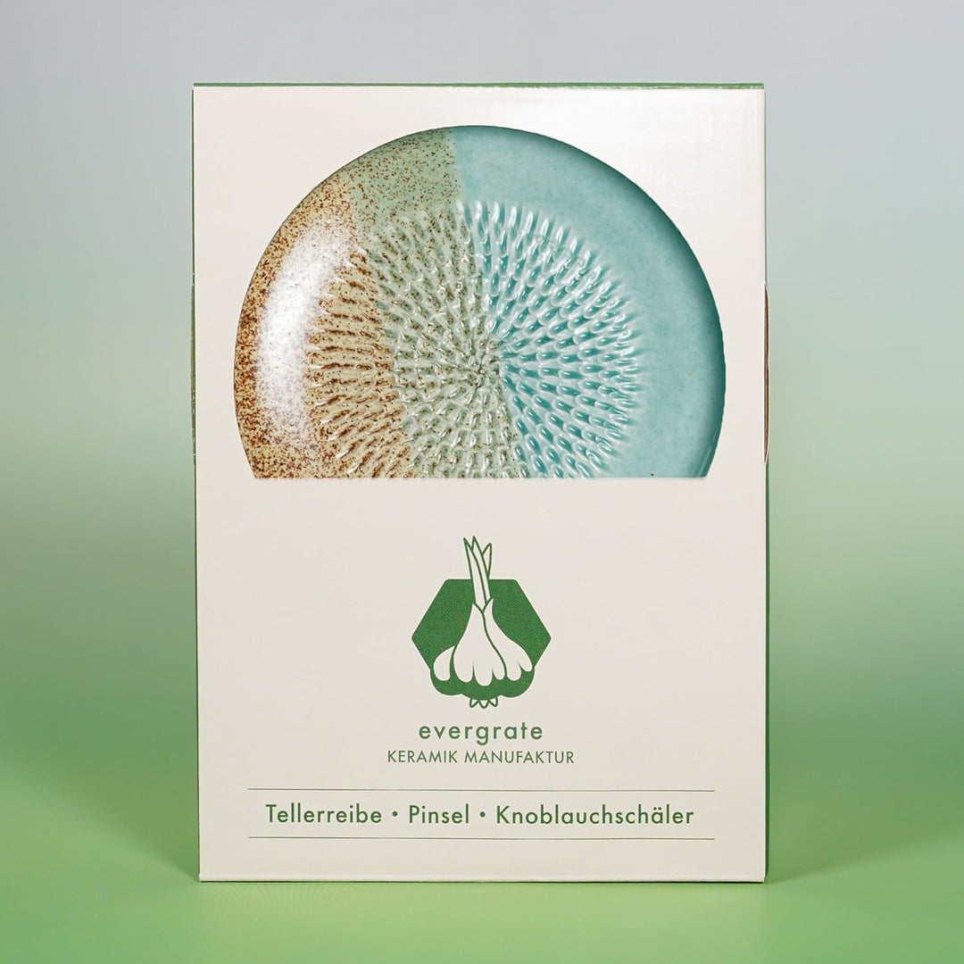 Evergrate® Keramikreibe Beach mit Geschenkbox – mit Reibe, Knoblauchschäler, Rezeptheft & Pinsel – H