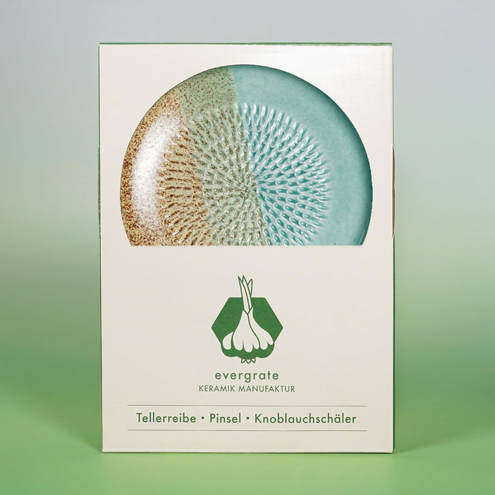 Evergrate® Keramikreibe Beach mit Geschenkbox – mit Reibe, Knoblauchschäler, Rezeptheft & Pinsel – H