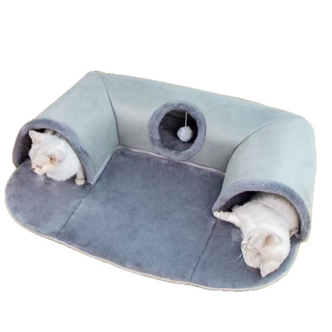 U-förmiger Katzentunnel, Katzenbett mit Spielrohr, waschbares und abnehmbares Versteckspielzeug, int