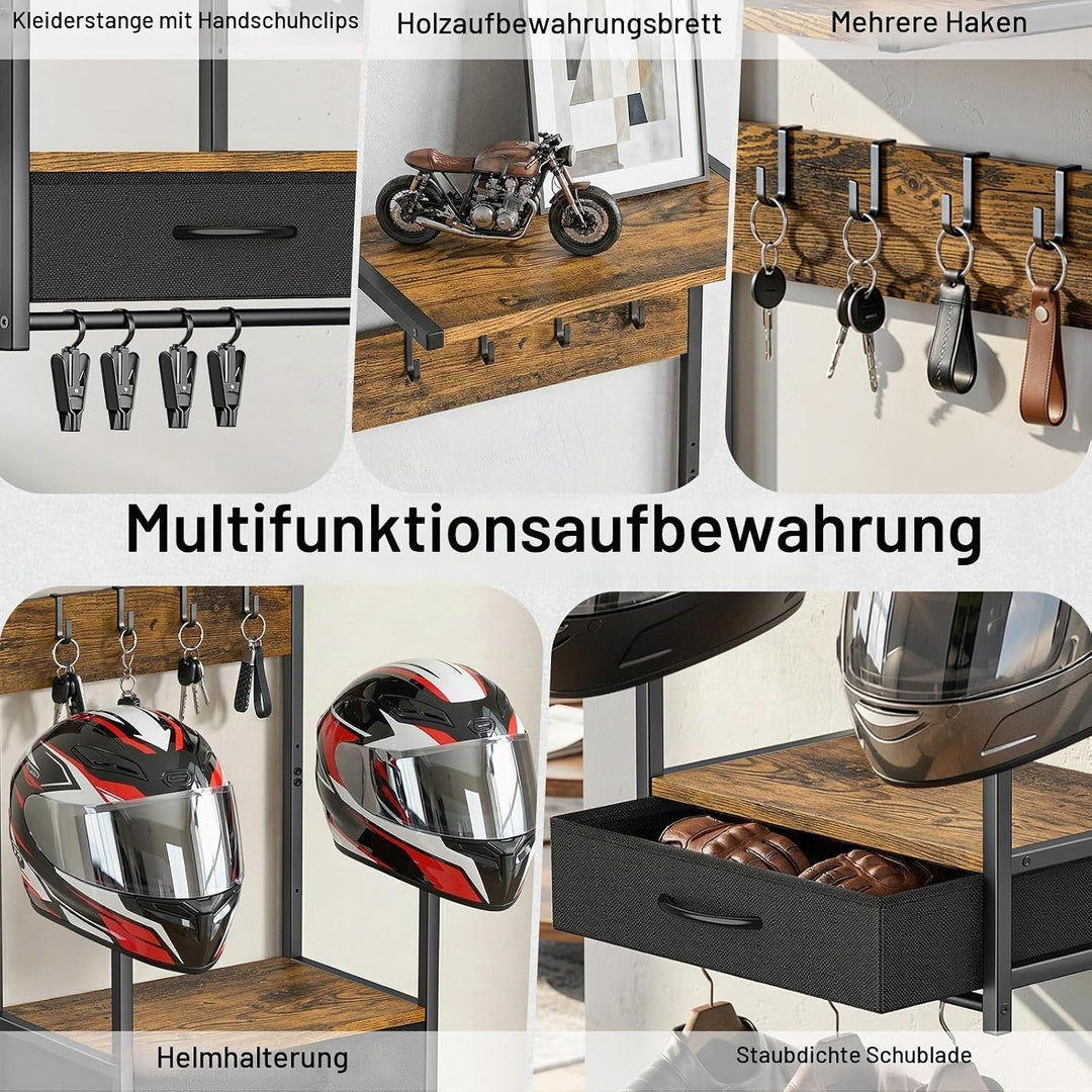 Housolution Motorradhelm Wandhalterung mit Stoffschublade, Helmhalterung mit 4 Handschuhchips und 4